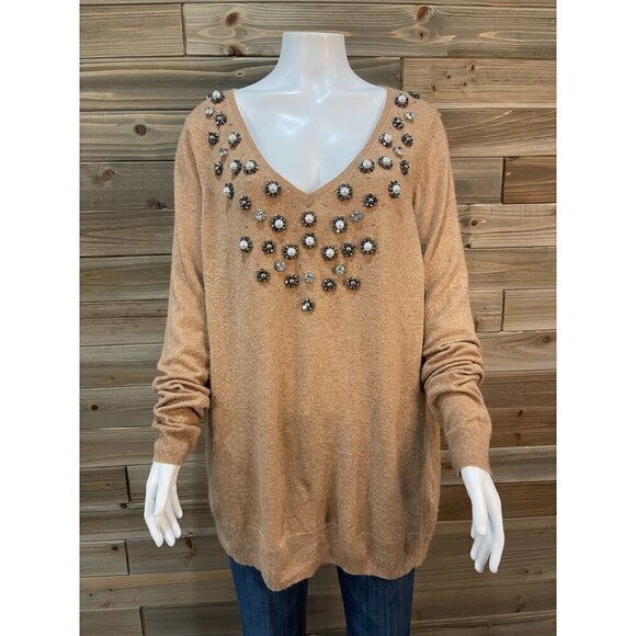 Boden Wool Cashmere Blend Embellished Sweater 10 Tan Beaded V-Neck Long Sleeve - Picture 2 of 10